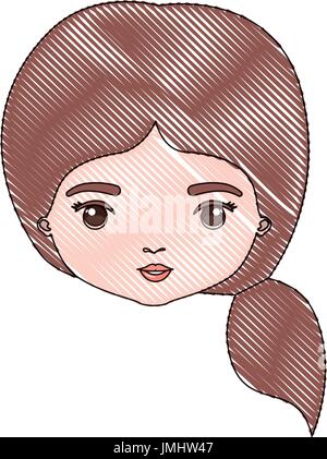 color crayon silhouette caricature closeup front view face woman with side ponytail hairstyle Stock Vector