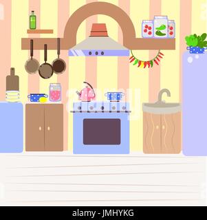 Cute cozy kitchen, flat cartoon interior background Stock Vector