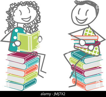Two children, students or adults discuss sitting on a pile of books, for work or pleasure Stock Photo