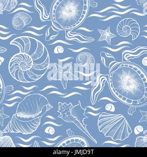 Marine lie seamless pattern. Seashell, turtle, mollusk, ocean waves background Stock Vector