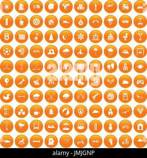 100 kids games icons set orange Stock Vector
