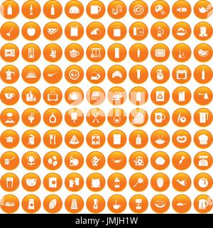 100 kitchen icons set orange Stock Vector