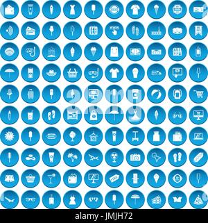 100 summer shopping icons set blue Stock Vector
