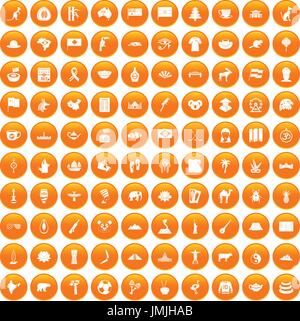 100 landmarks icons set orange Stock Vector