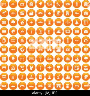 100 landscape element icons set orange Stock Vector