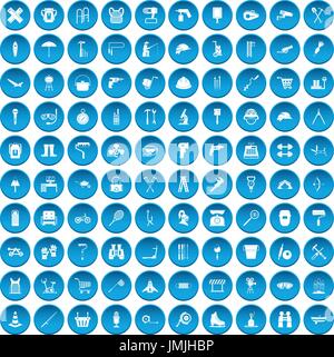 100 tackle icons set blue Stock Vector