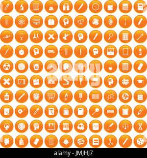 100 learning icons set orange Stock Vector