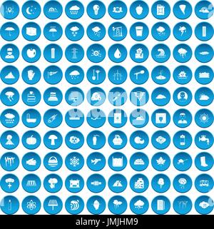 100 thunderstorm icons set blue Stock Vector