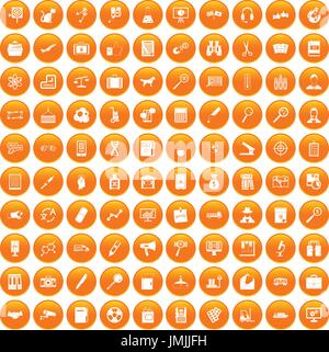 100 magnifier icons set orange Stock Vector