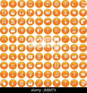 100 mobile icons set orange Stock Vector