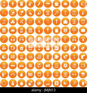 100 mobile app icons set orange Stock Vector