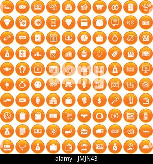 100 money icons set orange Stock Vector