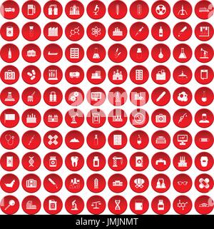 100 chemical industry icons set red Stock Vector