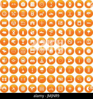 100 motorsport icons set orange Stock Vector