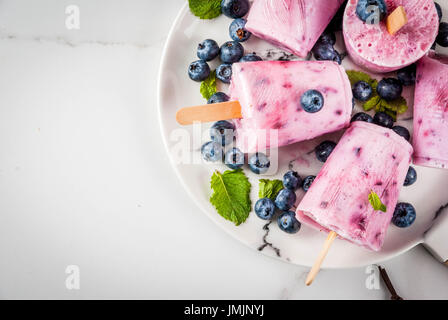Summer sweets and desserts. Vegan food. Frozen drinks, smoothies. Ice cream popsicles from homemade Greek yogurt and fresh organic blueberries. With m Stock Photo