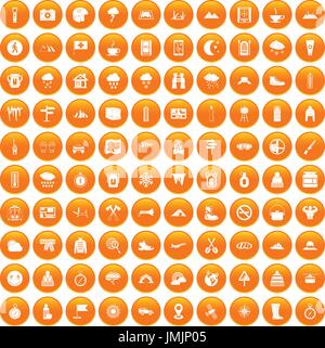 100 mountaineering icons set orange Stock Vector