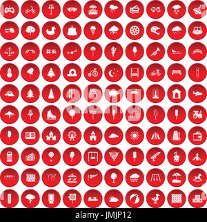 100 childrens park icons set red Stock Vector