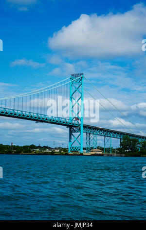 The Ambassador Bridge spans the Detroit River between Windsor Ontario Canada and Detroit Michigan, USA Stock Photo
