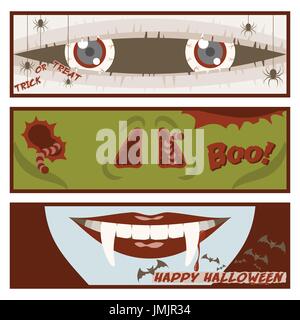 Halloween banner set in comic strip style with eyes of mummy, nose of zombie, mouth of vampire, spiders, worm and flying bats Stock Vector