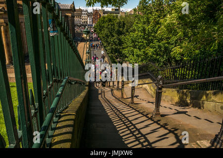 Looking down Playfair Steps and iron railings to Scottish National Gallery on The Mound, Edinburgh, Scotland, UK, with tourists in the Summer Stock Photo