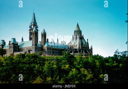 Buildings of Centre Block, the building housing the Canadian Parliament, on Parliament Hill, in Ottawa, Ontario, Canada, 1955. Stock Photo