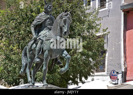 Photography of equestrian statue: Alfonso VIII in Cuenca, Castilla La Mancha, Spain. The 3m tall statue is made of bronze by author Javier Barrios. Stock Photo