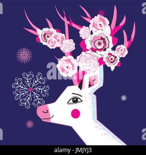 Postcard with a portrait of a deer and roses Stock Vector