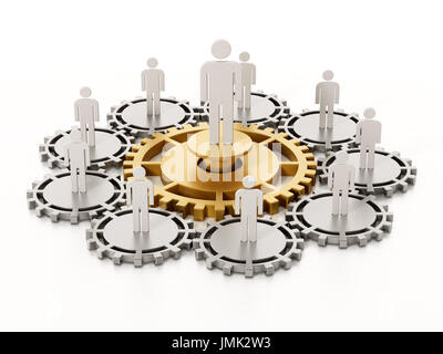 People standing on connected gears. 3D illustration. Stock Photo