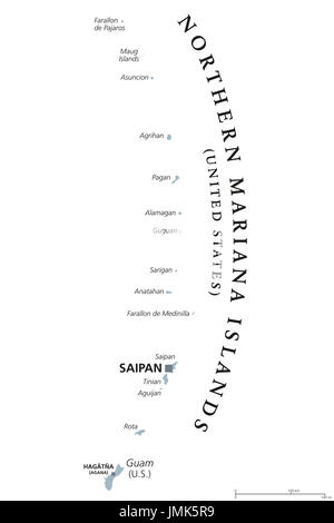 Northern Mariana Islands political map with capital Saipan. Insular area and commonwealth of the United States in the Pacific Ocean. Gray illustration Stock Photo