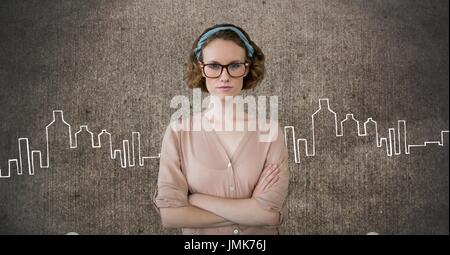 Digital composite of Business woman standing against grey wall background with city icons Stock Photo