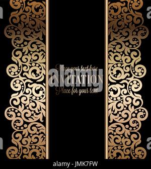 Antique baroque luxury wedding invitation, gold on black background with frame and place for text, lacy foliage with shiny gradient. Stock Vector