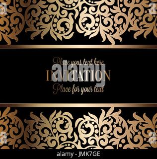 Antique baroque luxury wedding invitation, gold on black background with frame and place for text, lacy foliage with shiny gradient. Stock Vector