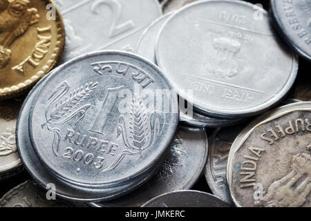 Extreme close up picture of Indian rupee, shallow depth of field. Stock Photo