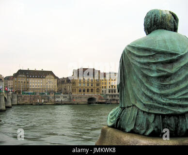 The Helvetia statue in Basel looks across the Rhine River. Stock Photo