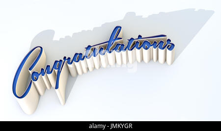 An extruded curvy text spelling out the word congratulations casting a long grey shadow on an isolated white studio background Stock Photo