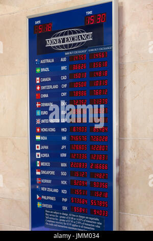 Money exchange rate board in New York City, New York, USA.