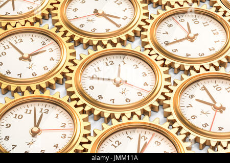 Clocks inside gears, time concept. 3D rendering Stock Photo