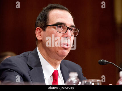 Washington DC, USA. 26th July, 2017. United States Secretary of the Treasury Steven Mnuchin testifies before the US Senate Committee on Appropriations during the hearing to review the fiscal year 2018 budget request for the US Department of the Treasury on Capitol Hill in Washington, DC on Wednesday, July 26, 2017. Credit: Ron Sachs/CNP /MediaPunch/Alamy Live News Stock Photo