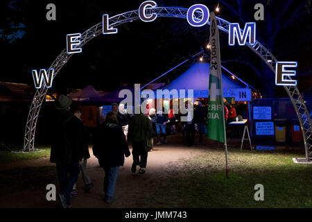Cambridge, UK. 27th July, 2017 An led Welcome sing greets Cambridge Folk Festival attendees as they enter the main arena. Richard Etteridge / Alamy Live News Stock Photo