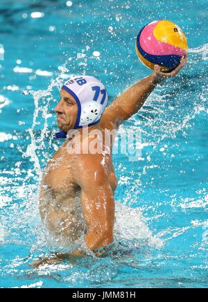 Budapest, Hungary. 27th July, 2017. Serbia's Andrija Prlainovic competes during the Men's semifinal match of Water Polo between Croatia and Serbia at the 17th FINA World Championships in Budapest, Hungary, on July 27, 2017. Croatia won the match 12-11 and qualified to the final. Credit: Gong Bing/Xinhua/Alamy Live News Stock Photo