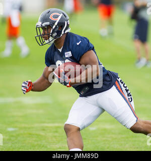 Bourbonnais, Illinois, USA. 27th July, 2017. - Chicago Bears #24 Jordan  Howard puts his helmet on during training camp on the campus of Olivet  Nazarene University, Bourbonnais, Il Credit: csm/Alamy Live News