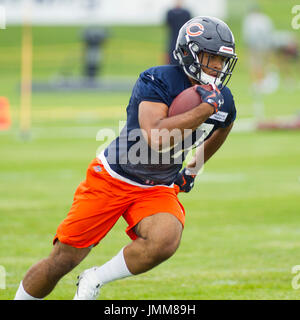 Chicago Bears running back Jordan Howard, right, works with running back  Benny Cunningham during an NFL football training camp in Bourbonnais, Ill.,  Saturday, July 29, 2017. (AP Photo/Nam Y. Huh Stock Photo 