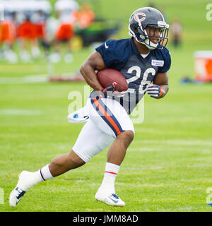 Bourbonnais, Illinois, USA. 27th July, 2017. - Chicago Bears #24 Jordan  Howard puts his helmet on during training camp on the campus of Olivet  Nazarene University, Bourbonnais, Il Credit: csm/Alamy Live News