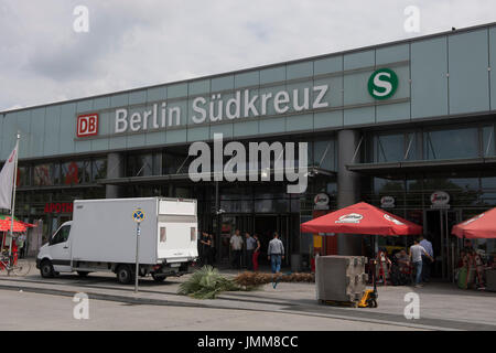 Berlin, Germany. 27th July, 2017. 'Berlin Suedkreuz' over the entrance to Berlin's Suedkreuz station, in Berlin, Germany, 27 July 2017. Facial recognition using surveillance cameras is to be tested at the station on Tuesday. Photo: Paul Zinken/dpa/Alamy Live News Stock Photo