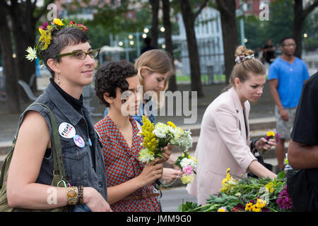 New York, USA. 27th July, 2017. Members and friends of the transgender community gathered at Pier 45 in Greenwich Village, one of the leading figures in the Stone Wall Inn uprising in 1969 that launched the gay and trans pride movements. Credit: M. Stan Reaves/Alamy Live News Stock Photo