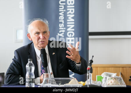 Birmingham, UK. 28th July, 2017. Recently-elected leader of the Liberal Democrat party for the UK, Sir Vince Cable, addresses a discussion group made up of university staff and students as well as business owners at Birmingham City University's Centre for Brexit Studies. Credit: Peter Lopeman/Alamy Live News Stock Photo