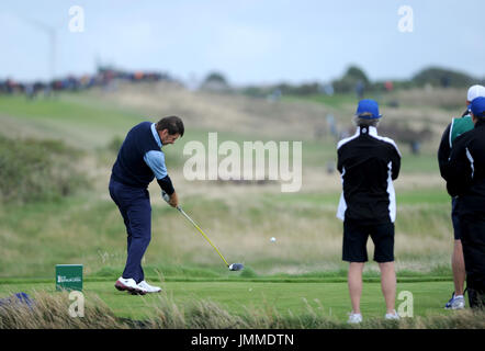 Royal Porthcawl Golf Club, Bridgend, UK. 27th July, 2017. Sir Nick Faldo of England drives from the 6th tee during the first round of The Senior Open Championship at Royal Porthcawl Golf Club. Credit: David Partridge/Alamy Live News Stock Photo