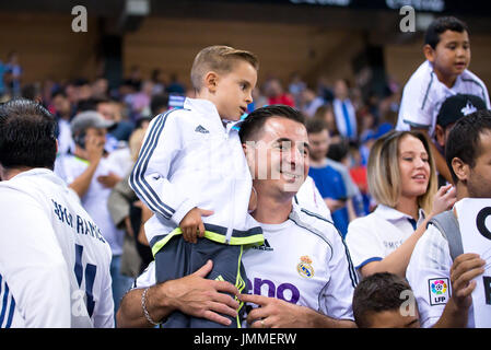 BARCELONA - SEP 18: Real Madrid fans at the La Liga match between RCD Espanyol and Real Madrid CF at RCDE Stadium on September 18, 2016 in Barcelona, Spain. Stock Photo