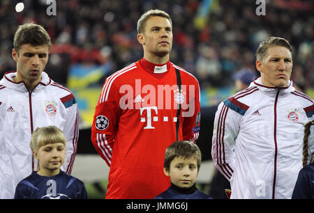 LVIV, UKRAINE - FEBRUARY 17, 2015: FC Bayern Munich players looks on before UEFA Champions League game against FC Shakhtar Donetsk at Arena Lviv stadium Stock Photo