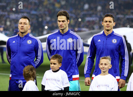 KYIV, UKRAINE - OCTOBER 20, 2015: FC Chelsea players listen official anthem before UEFA Champions League game against FC Dynamo Kyiv at NSC Olimpiyskyi stadium in Kyiv Stock Photo